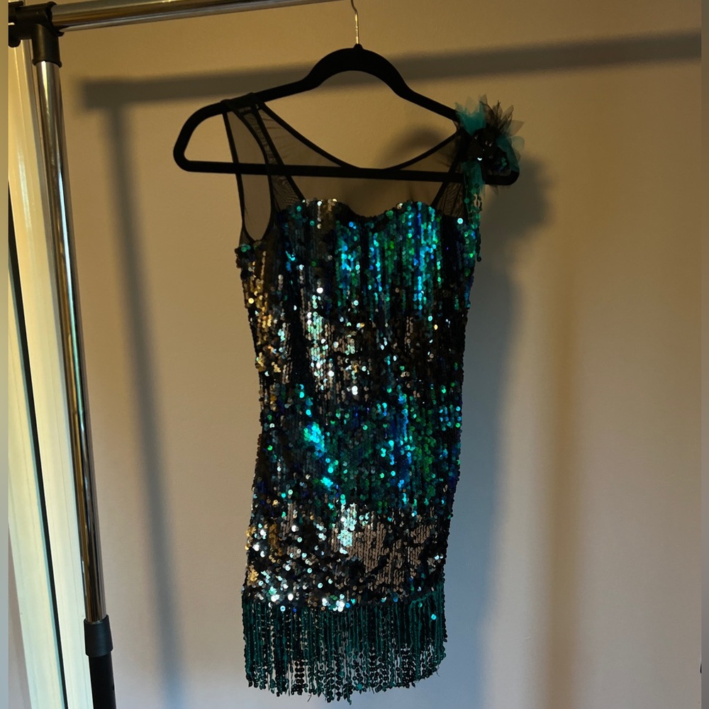 Curtain Call Blue Green Black sequin Jazz or Tap costume dress Child XL